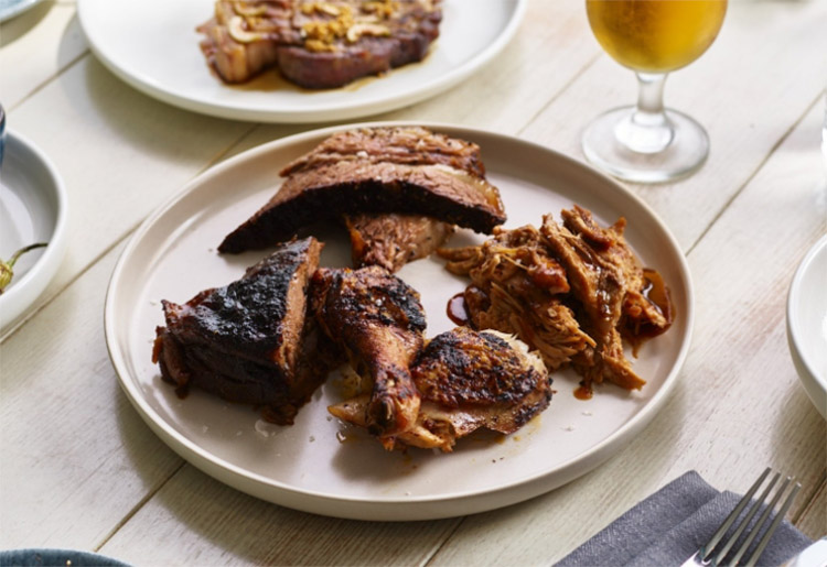 rotisserie chicken with apple-cider pulled pork, Milly Hill lamb, and Oakey Reserve brisket